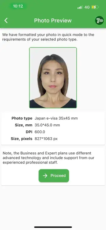 Aplicación 7ID: ejemplo de fotografía para visa japonesa