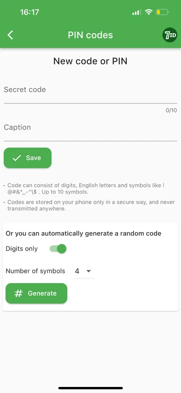 7ID: Thêm mã PIN mới hoặc tạo mã PIN