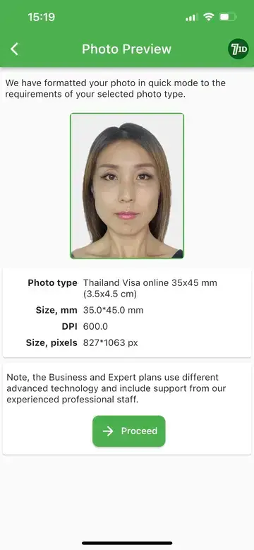 Application 7ID : exemple de photo de visa pour la Thaïlande