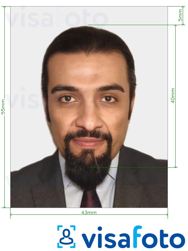 Príklad fotografie pre UAE Visa offline 43x55 mm s presnou špecifikáciou veľkosti