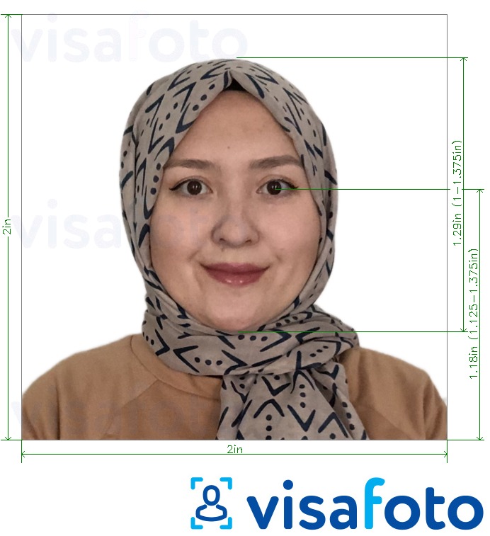 Príklad fotografie pre Afganistan víza 2x2 palca (z USA) s presnou špecifikáciou veľkosti