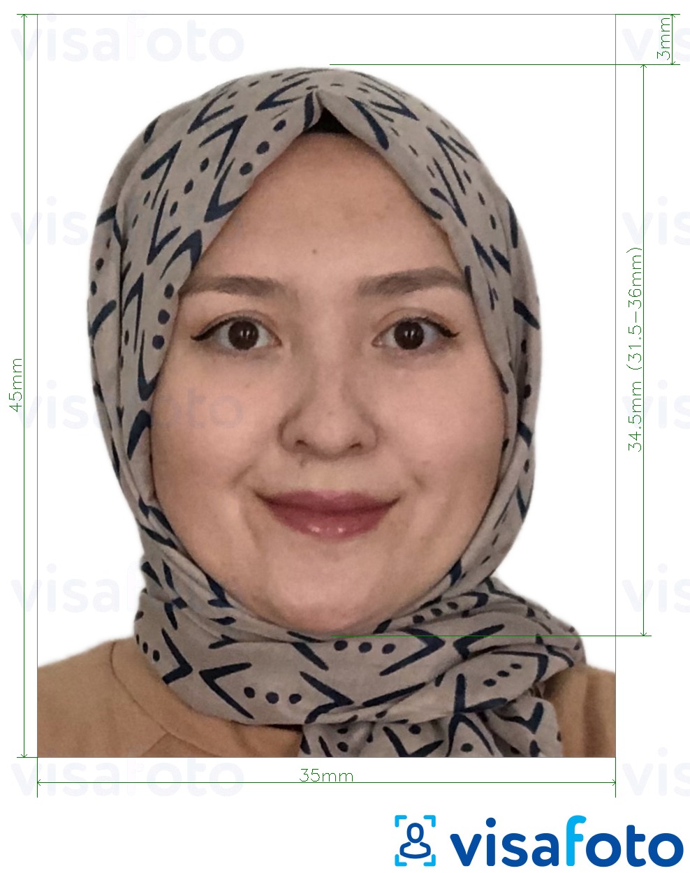Príklad fotografie pre Afganistan vízum 35x45 mm (3,5 x 4,5 cm) s presnou špecifikáciou veľkosti