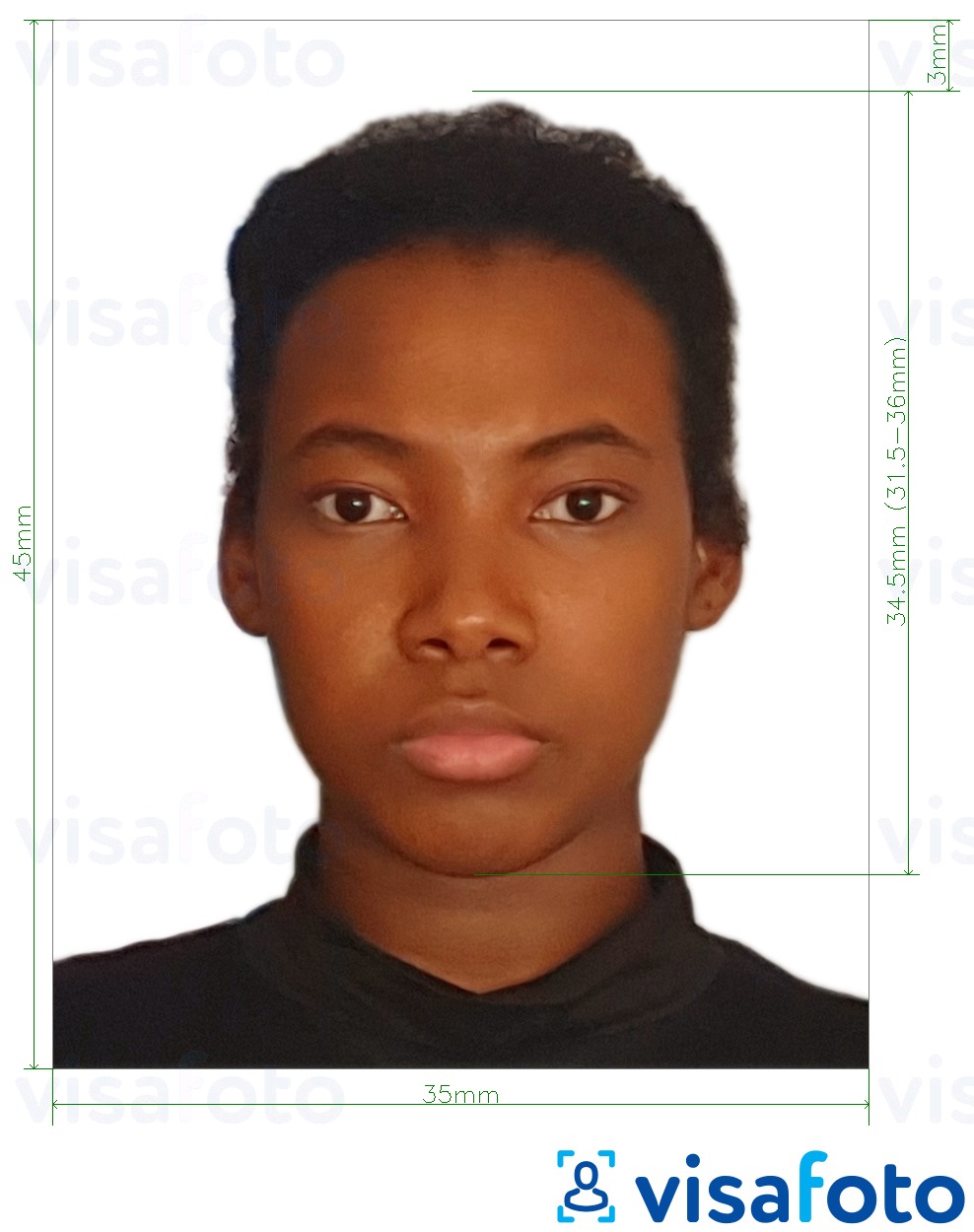 Príklad fotografie pre Benin pas 3,5x4,5 cm (35x45 mm) s presnou špecifikáciou veľkosti