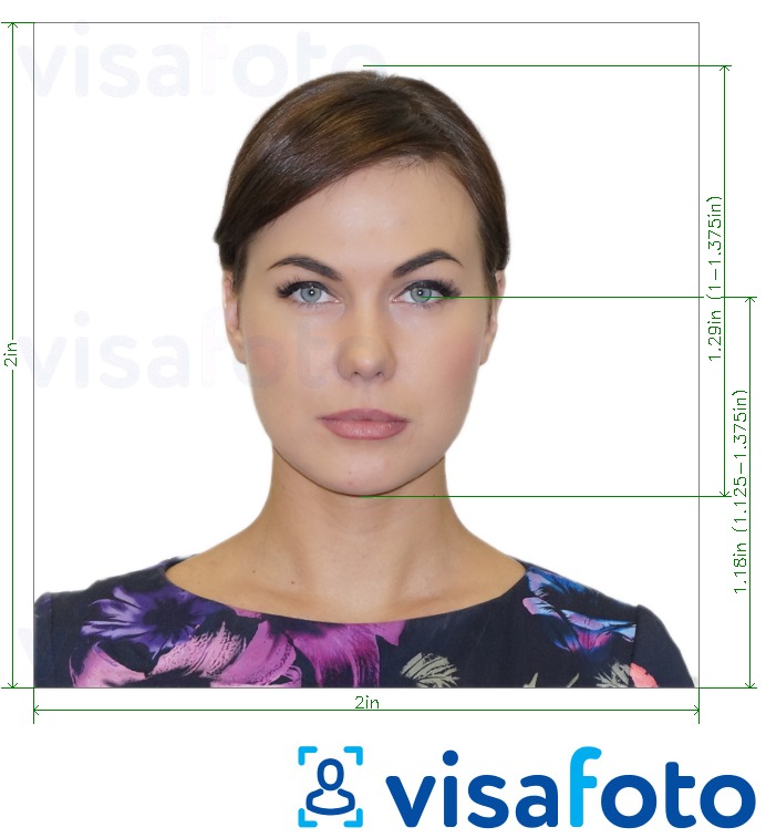 Príklad fotografie pre Španielsko Visa 2x2 palca (konzulát USA v Chicagu) s presnou špecifikáciou veľkosti