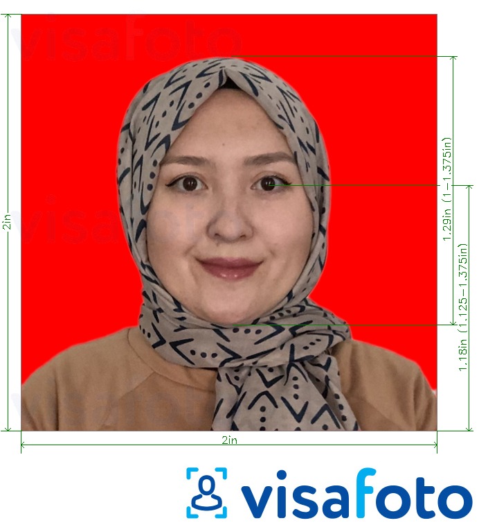 Príklad fotografie pre Indonézia pas 51x51 mm (2x2 palce) červené pozadie s presnou špecifikáciou veľkosti