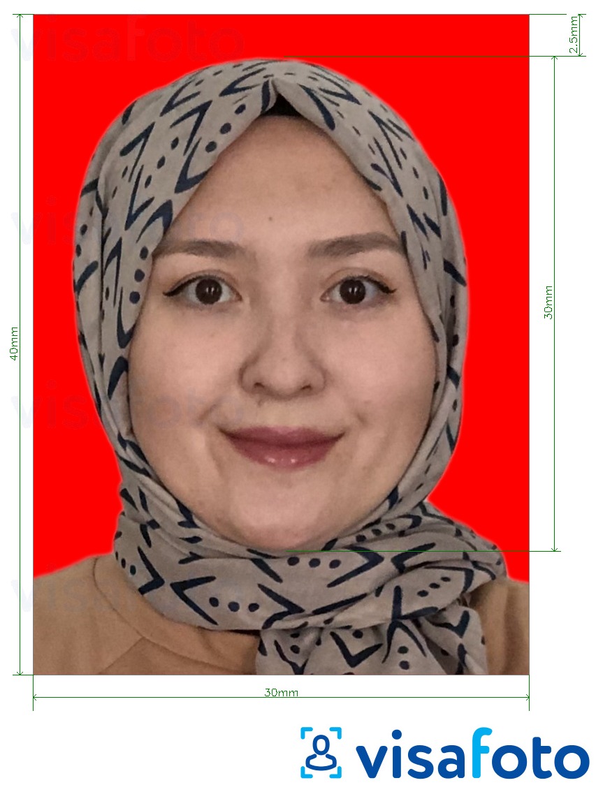 Príklad fotografie pre Indonézia víza 3x4 cm (30x40 mm) online červené pozadie s presnou špecifikáciou veľkosti
