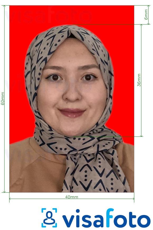 Príklad fotografie pre Indonézska víza 4x6 cm červené pozadie s presnou špecifikáciou veľkosti