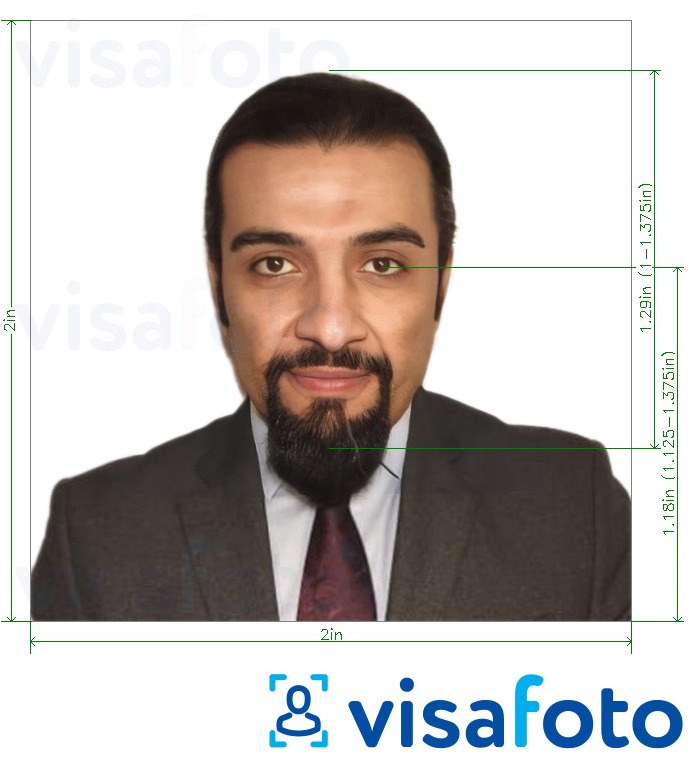 Príklad fotografie pre Jordánsko 2x2 palcová ID karta v USA (51x51 mm) s presnou špecifikáciou veľkosti