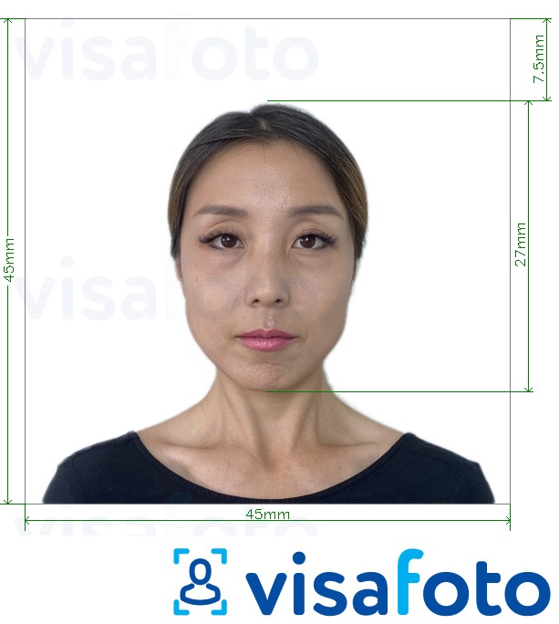 Príklad fotografie pre Japonsko Visa 45x45mm, hlava 27 mm s presnou špecifikáciou veľkosti