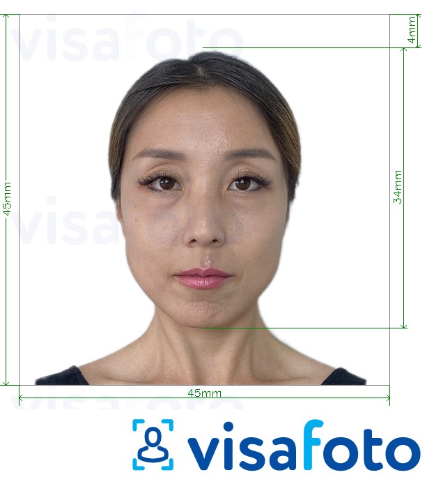 Príklad fotografie pre Japonsko Visa 45x45mm, hlava 34 mm s presnou špecifikáciou veľkosti