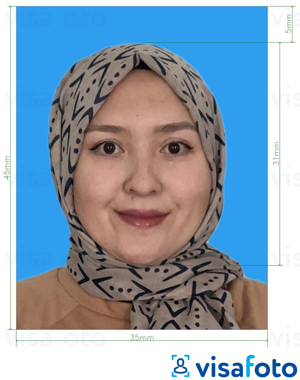 Príklad fotografie pre Malajzia Visa 35x45 mm modré pozadie s presnou špecifikáciou veľkosti