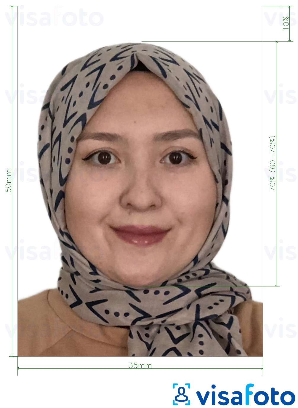 Príklad fotografie pre Malajzia Visa 35x50 mm biele pozadie s presnou špecifikáciou veľkosti
