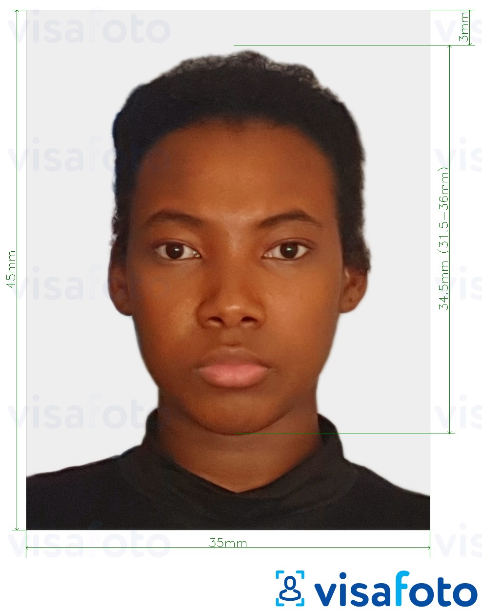 Príklad fotografie pre Surinamské vízum 45x35 mm (1.77x1.37 palca) s presnou špecifikáciou veľkosti